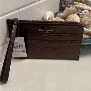 Kate Spade metallic Chocolate Croc Embossed wristlet NWT